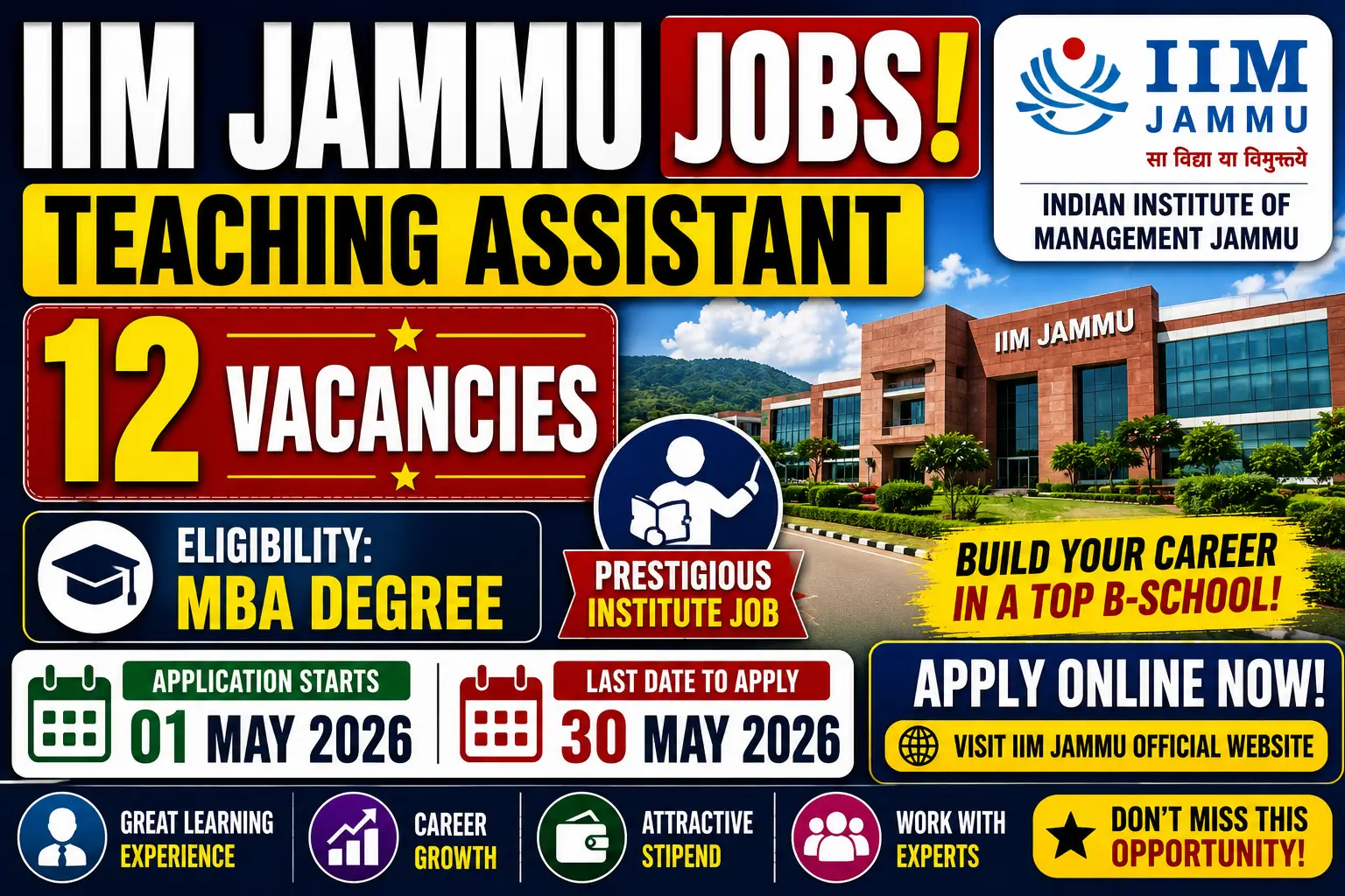 IIM Jammu Teaching Assistant Recruitment 2026 Notification Out for 12 Posts; Apply Online Before 30 May