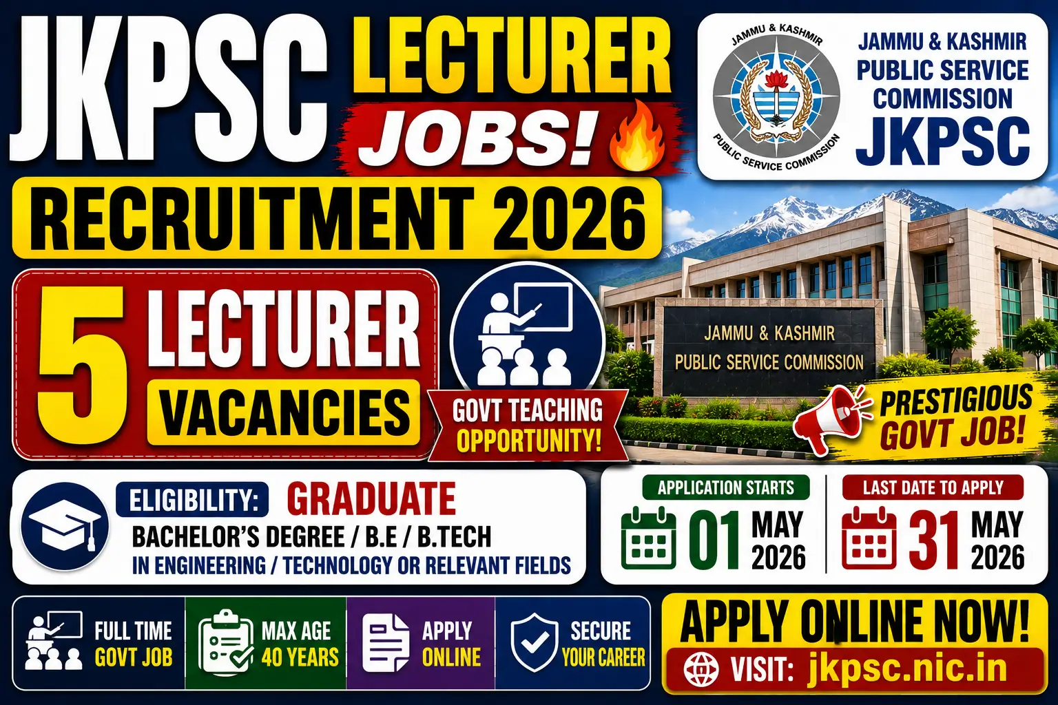 JKPSC Lecturer Recruitment 2026 Notification Out for 5 Posts; Apply Online Before 31 May