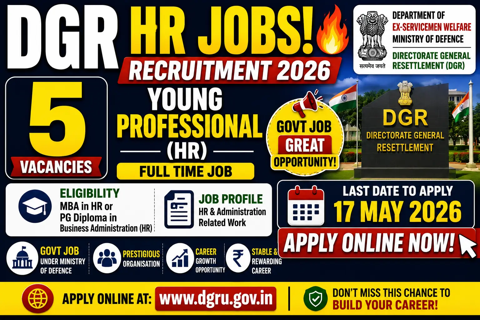 DGR Young Professional (HR) Recruitment 2026 Notification Out for 5 Posts; Apply Online Before 17 May