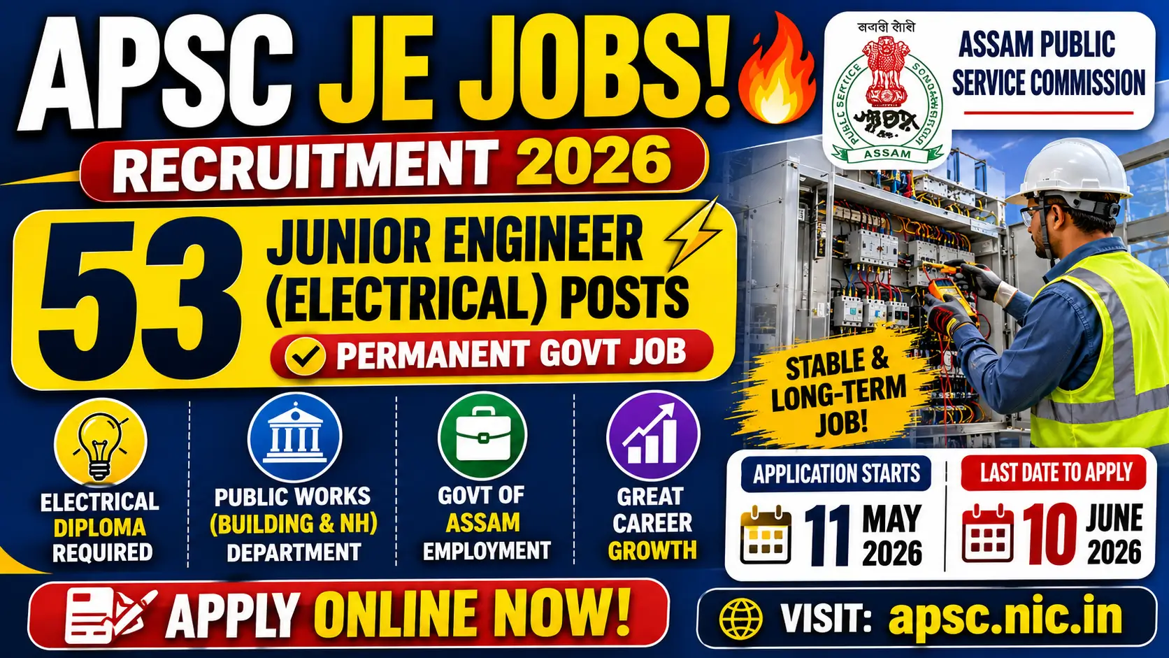 APSC JE Electrical Recruitment 2026 Notification Out for 53 Posts in Assam PWD