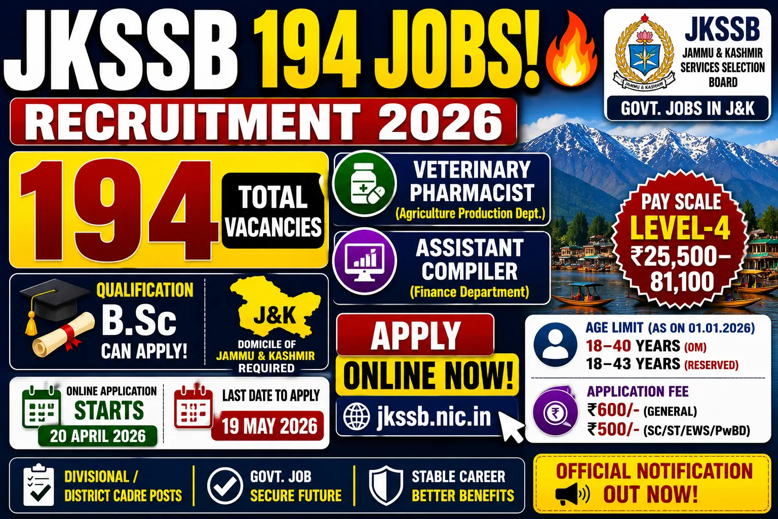 JKSSB Recruitment 2026 Notification Out for 194 Veterinary Pharmacist & Assistant Compiler Posts